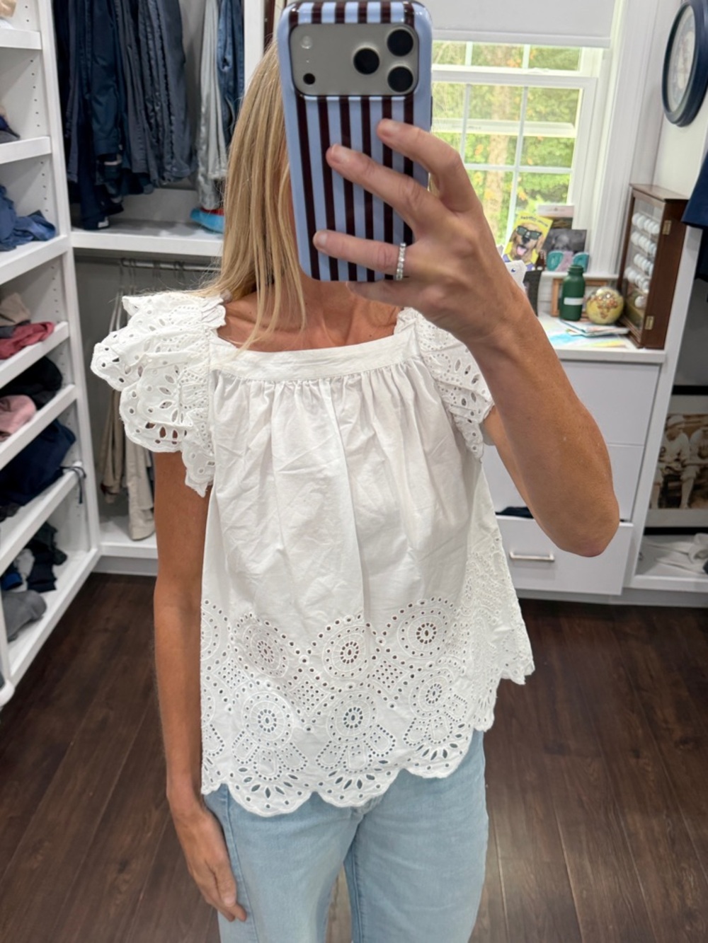Women's White Eyelet Flutter Sleeve Top
